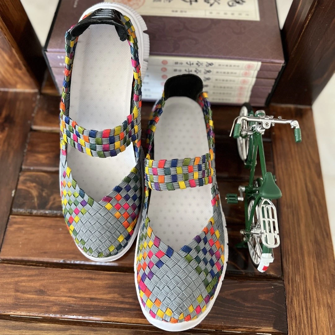 软底夏季透气手工编织鞋女鞋时尚松紧带编织鞋轻便休闲平底妈妈鞋