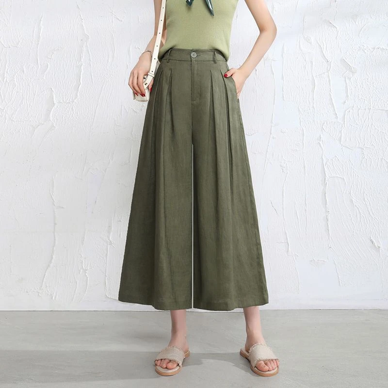 亚麻七分阔腿裤女夏季薄款棉麻小个子八分裤今年流行裤子2024新款