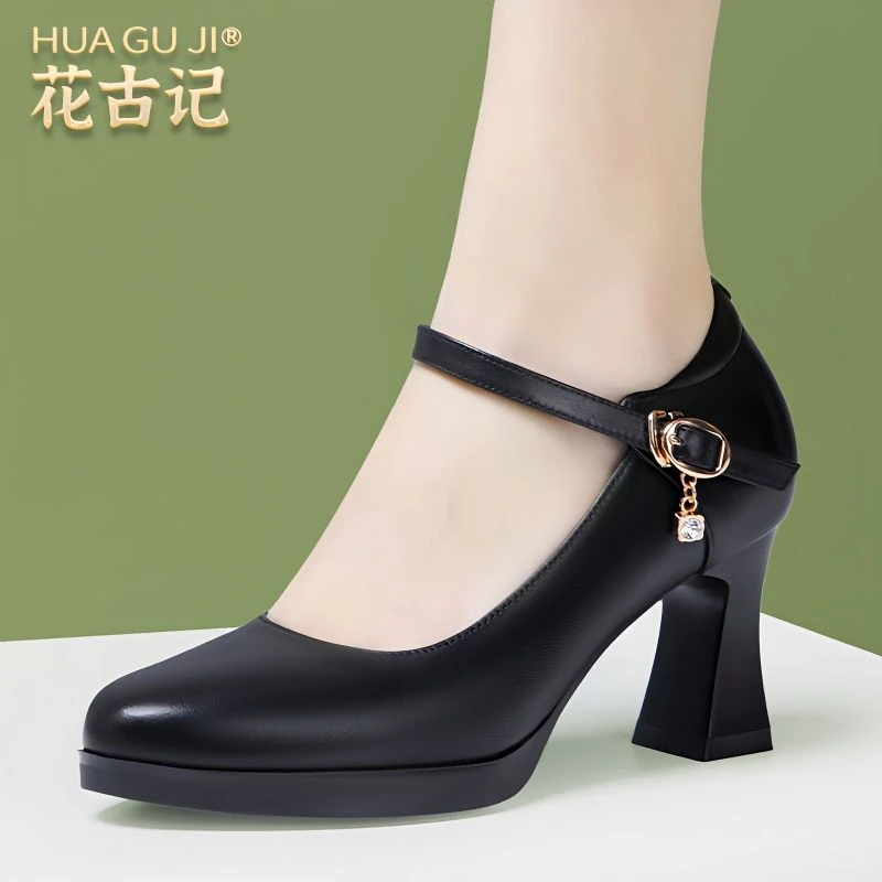 真皮模特旗袍走秀鞋女黑色厚底防水台女士皮鞋高跟鞋大码圆头单鞋