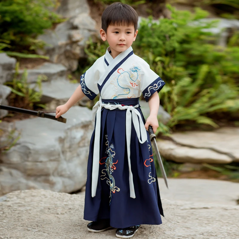 汉服男童夏季薄款短袖中国风古装高端帅气演出服国学服古风汉服