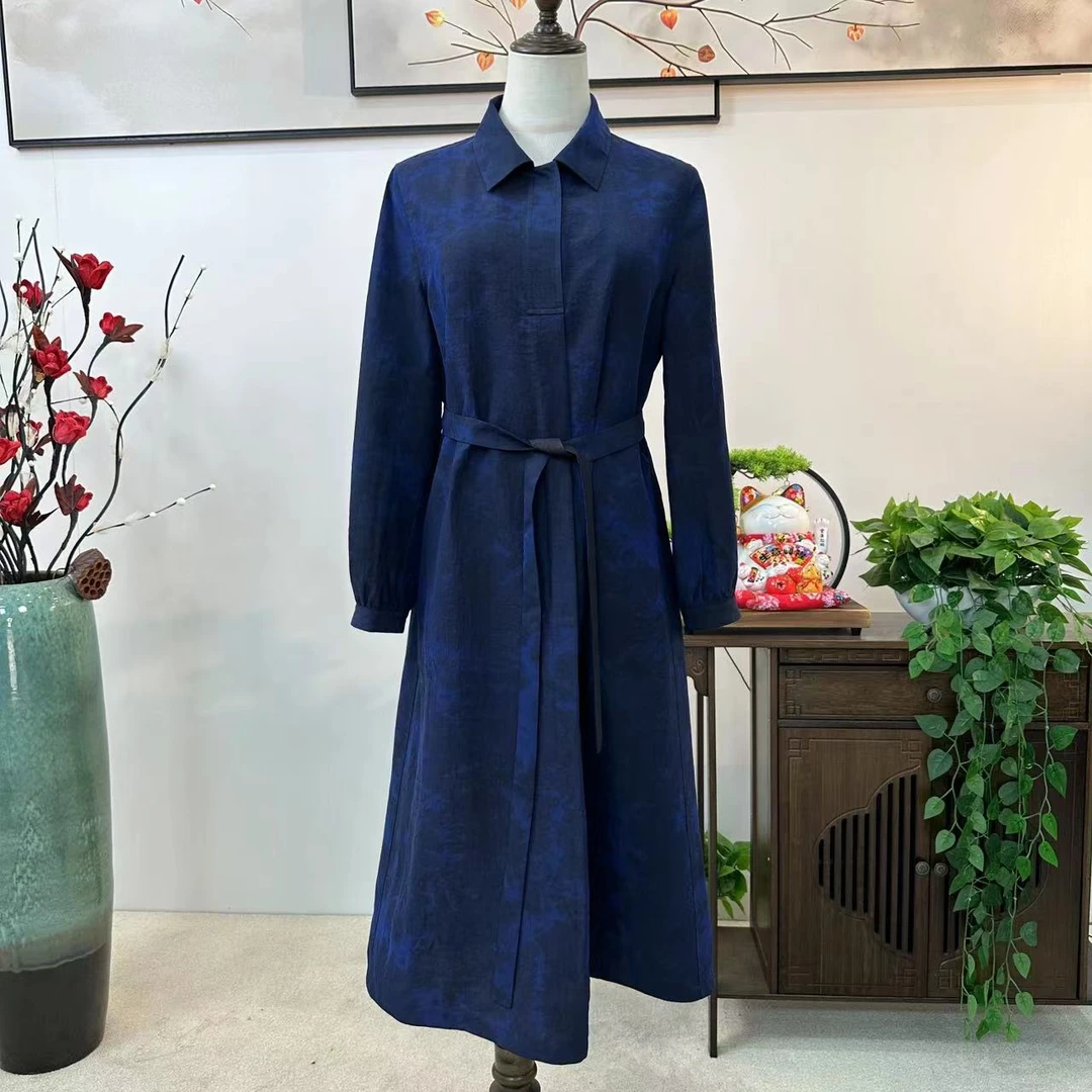 霓裳阁高定100%桑蚕丝  蓝龟纹双面穿香云纱裙(翻领蓝扎WF2475)