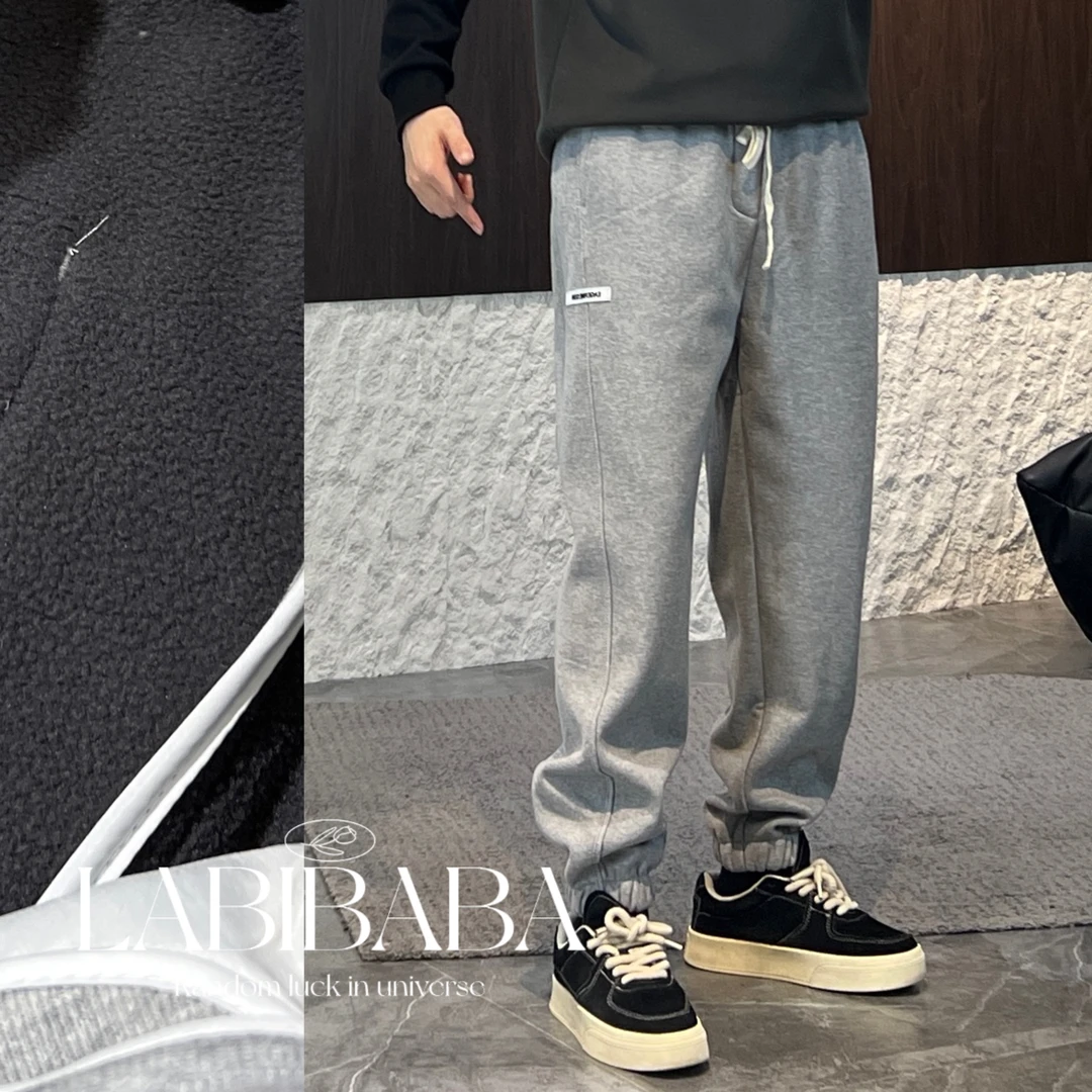 GL82722冬季休闲运动加绒小皮标百搭休闲加绒加厚小皮标情侣卫裤