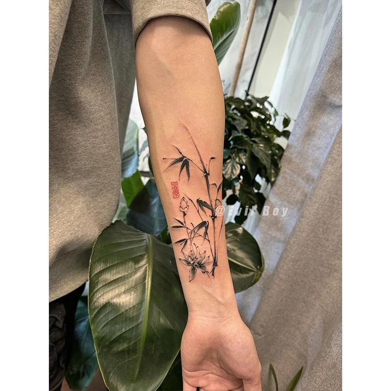 竹子国风草本果汁纹身贴高颜值持久水墨风半永久手臂防水仿真刺青