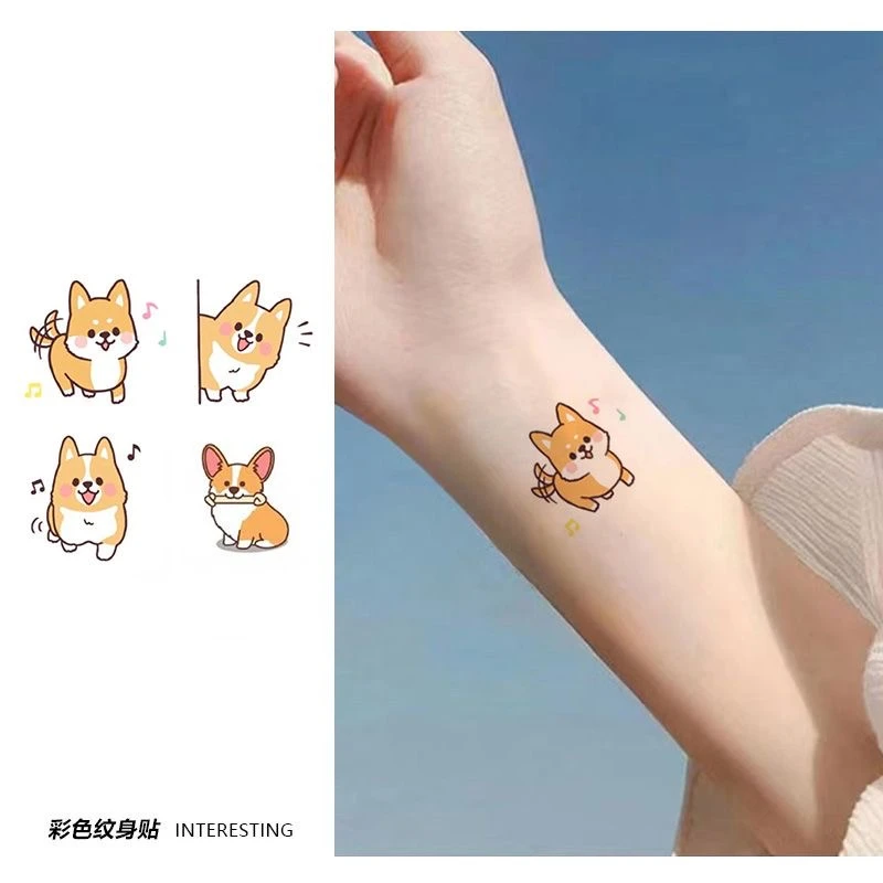 可爱柯基小狗彩色纹身贴防水持久女ins风卡通小图案学生版 可水洗