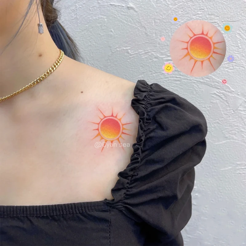 光芒四射太阳纹身贴防水半永久潮酷辣妹男女肩膀锁骨仿真刺青可洗