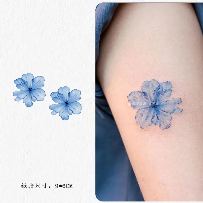 蓝色花朵彩色纹身贴持久防水ins酷潮纯欲少女手臂腿部可水洗贴纸