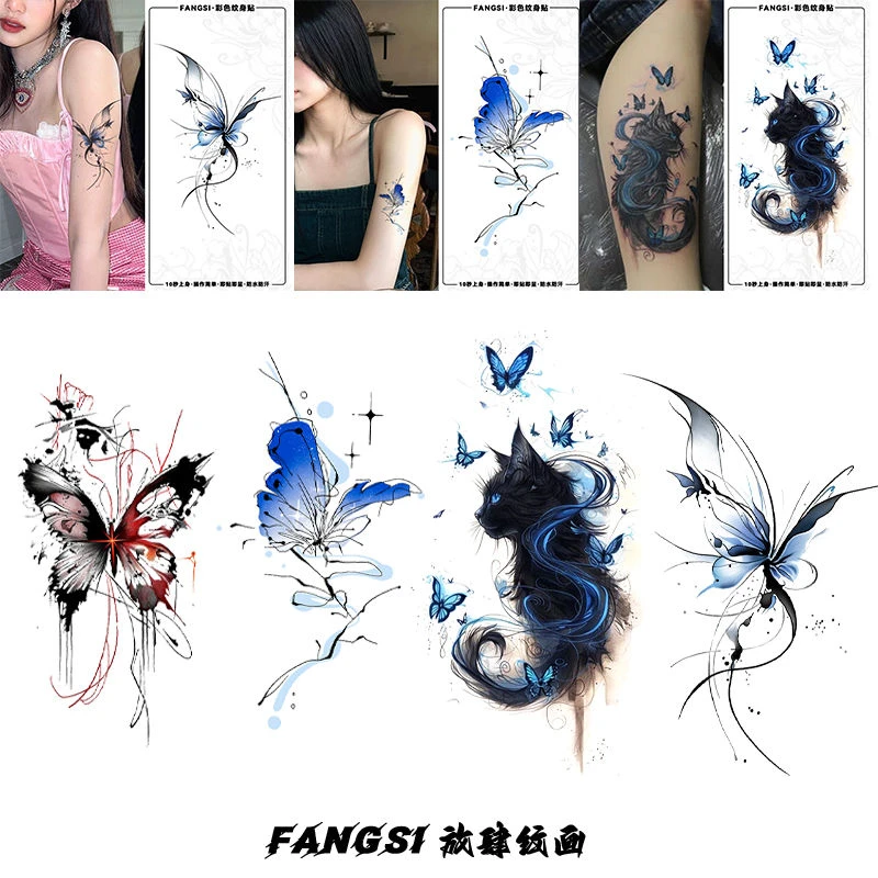 爆款蝴蝶猫咪纹身贴辣妹防水持久手臂腿部仿真刺青一次性网红同款