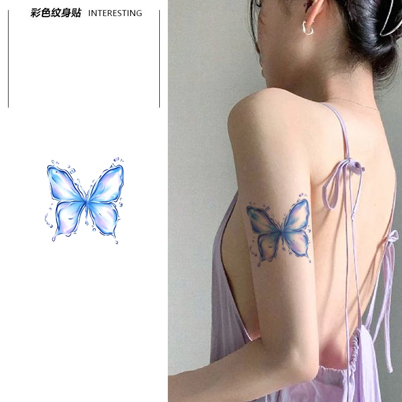 彩色纹身贴防水女持久 蓝色蝴蝶小清新高级感贴纸ins风锁骨潮纯欲