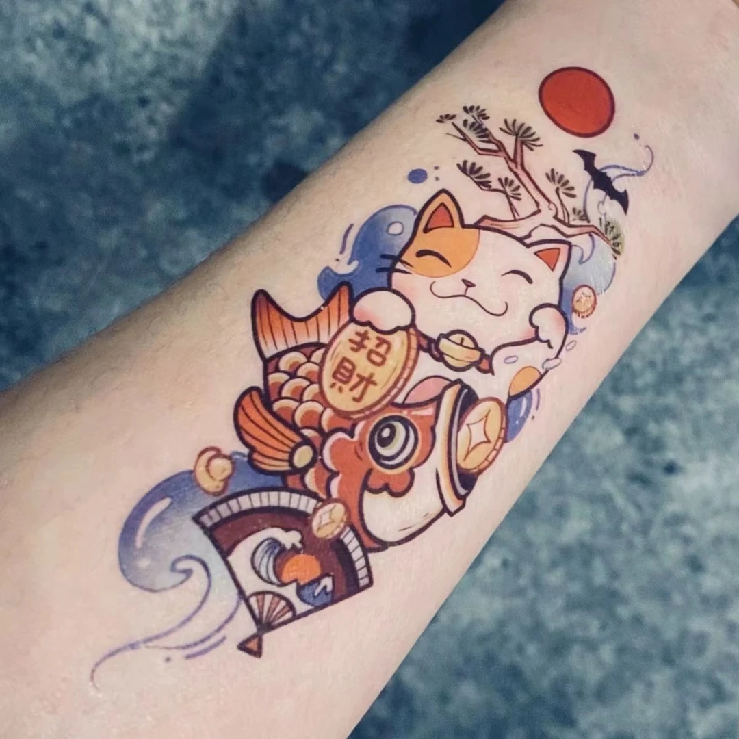 纹身贴防水男女持久仿真纹身日系浮世绘招财猫鲤鱼海浪红日可洗款