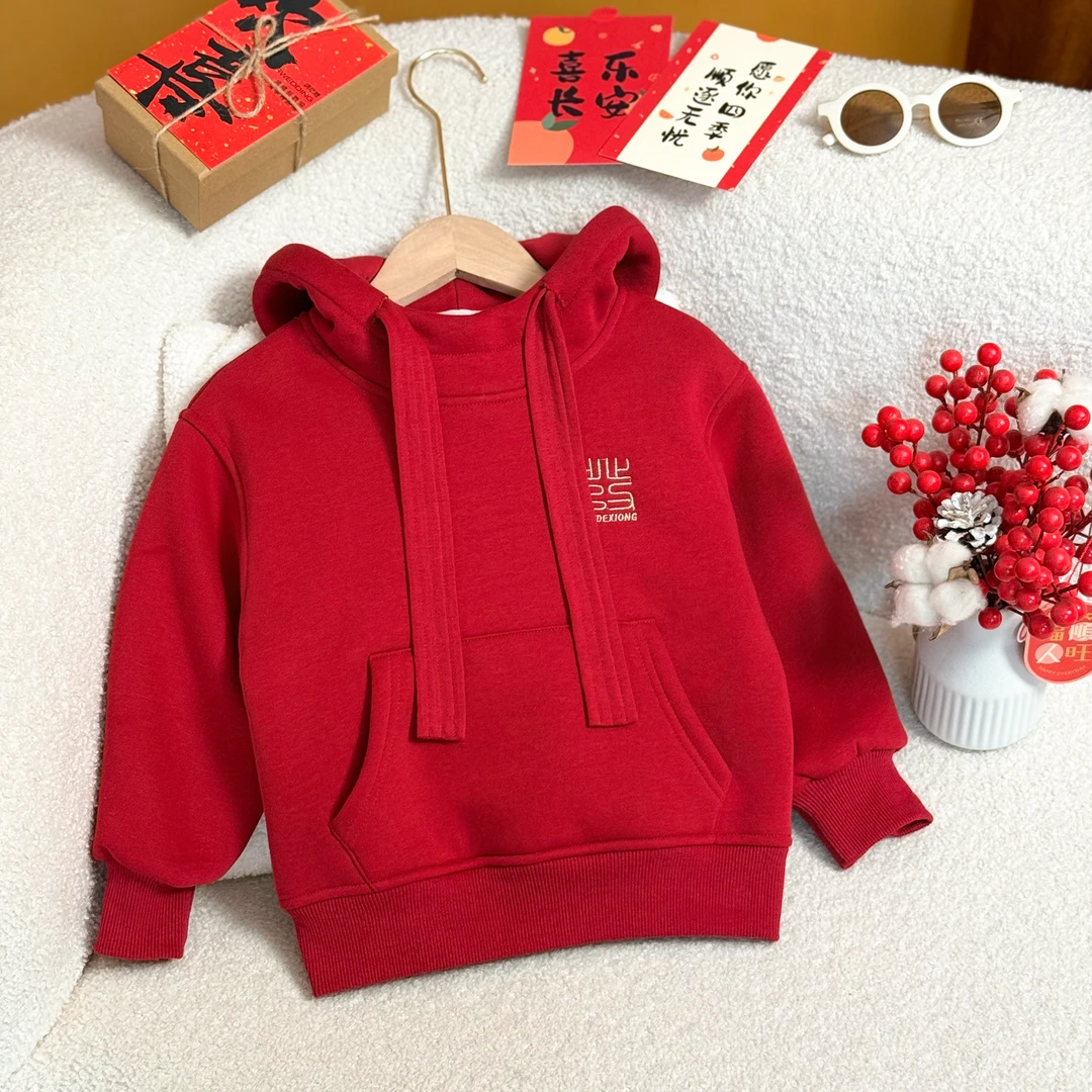 男童女童卫衣儿童防风保暖2024冬季年服加绒套头带帽上衣D3T5-530