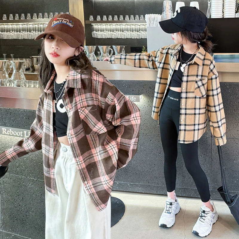 女童衬衫春秋款女孩上衣新款翻领格子长袖休闲中长款秋季外套