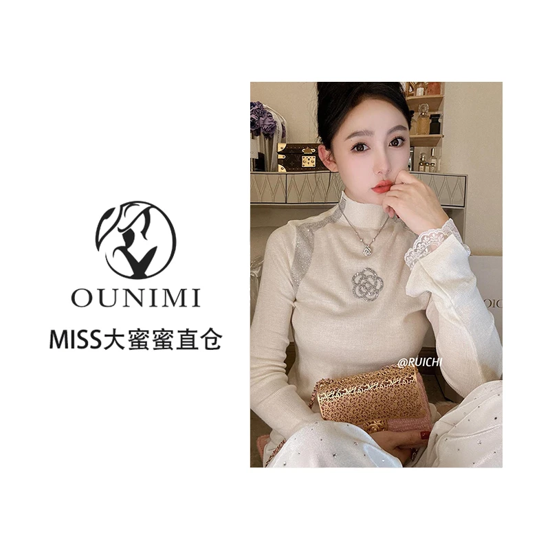 法式浪漫山茶花2024早秋新款半高领袖口蕾丝拼接高级感打底衫上衣