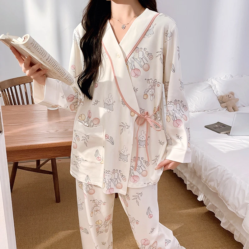 春秋中厚款带胸垫亲肤云感棉月子服产后产妇孕妇哺乳睡衣长袖秋冬