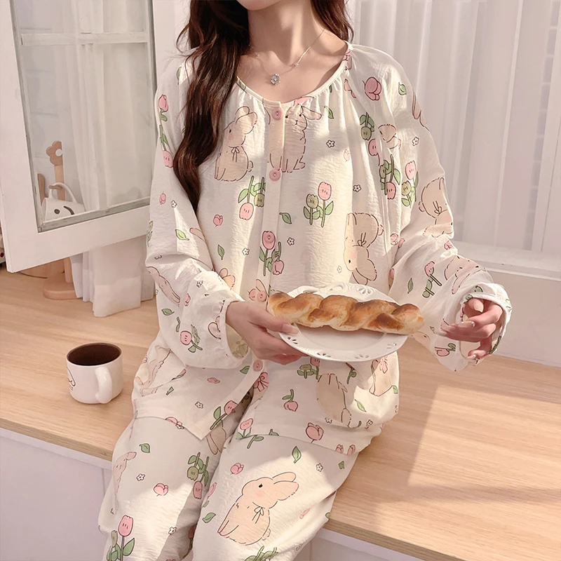 【带胸垫-云朵棉皱皱布】月子服春夏薄款产后孕妇哺乳睡衣喂奶产妇