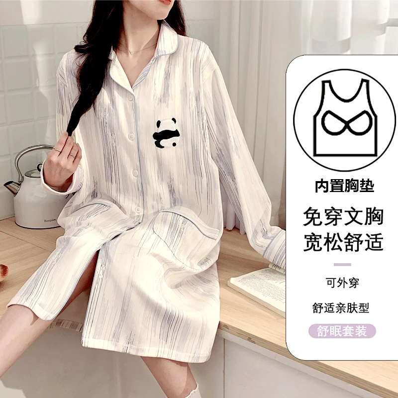 【带胸垫-纯棉月子睡裙】孕妇睡衣喂奶加肥加大哺乳产前产后家居裙