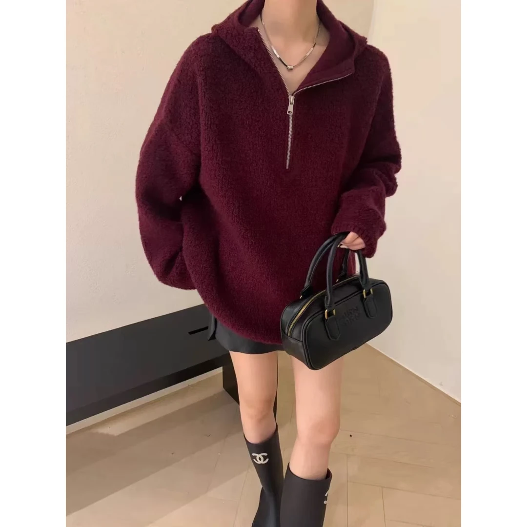 【77服饰】安哥拉红半拉链连帽慵懒风羊毛针织衫