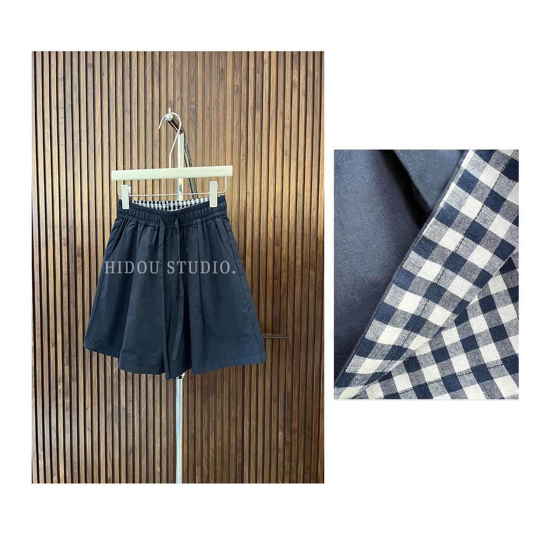 【痘痘私服】|【两面穿】纯色格子AB面松紧腰短裤