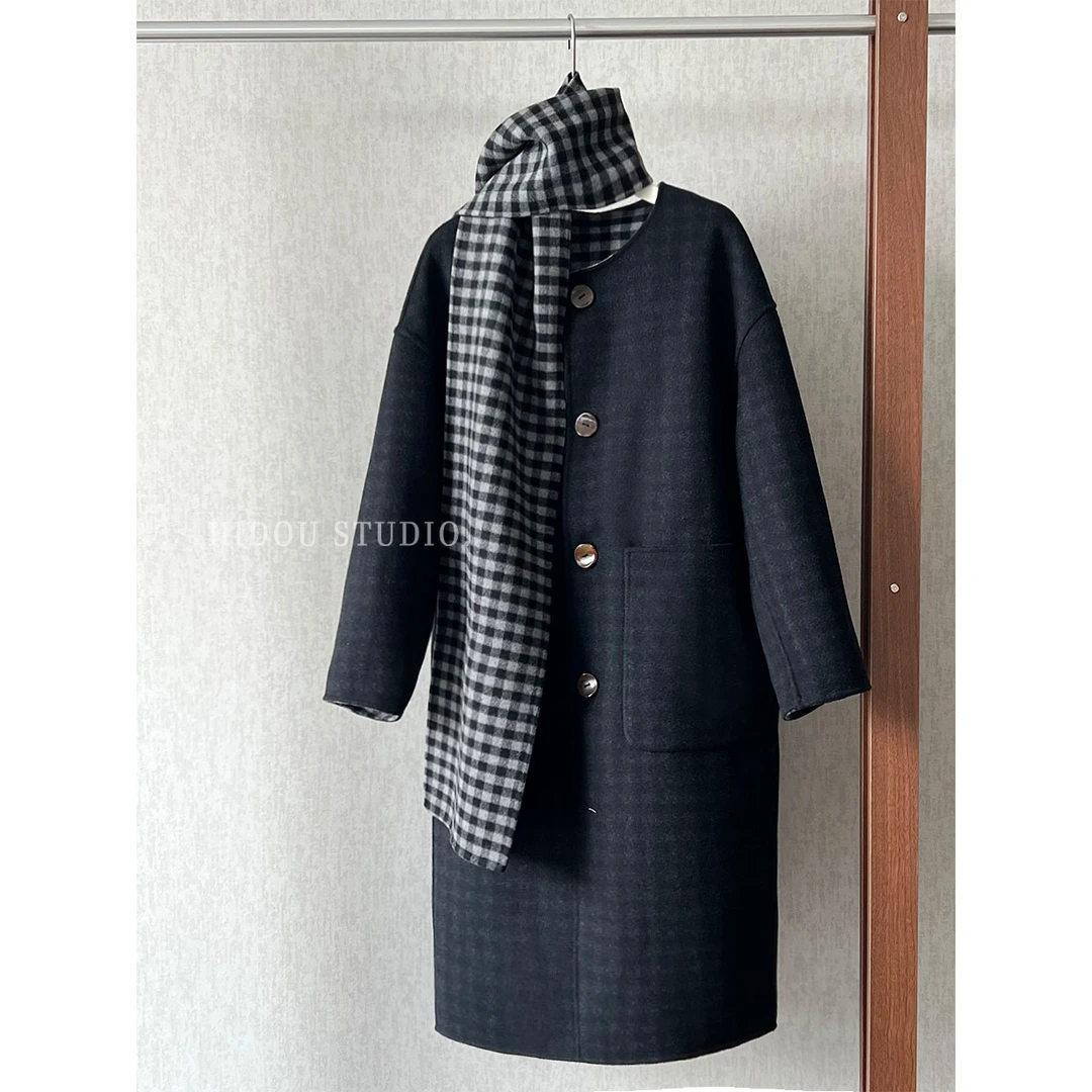 【痘痘私服】|【黑雪松】双面呢可拆卸围巾大衣外套