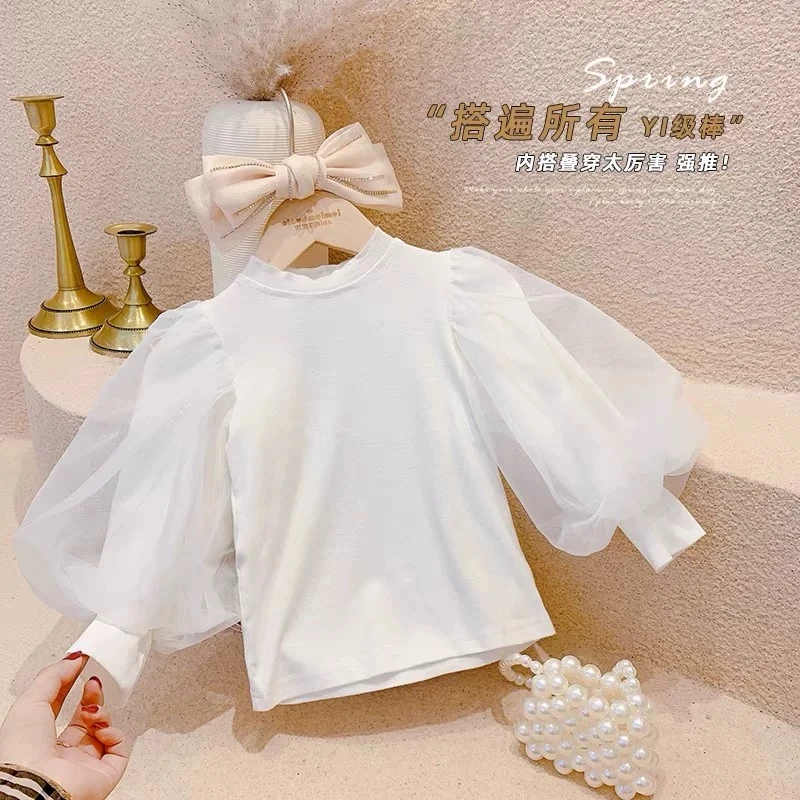 2023洋气童装女春秋款网纱公主泡泡袖女童宝宝打底衫小童上衣韩版