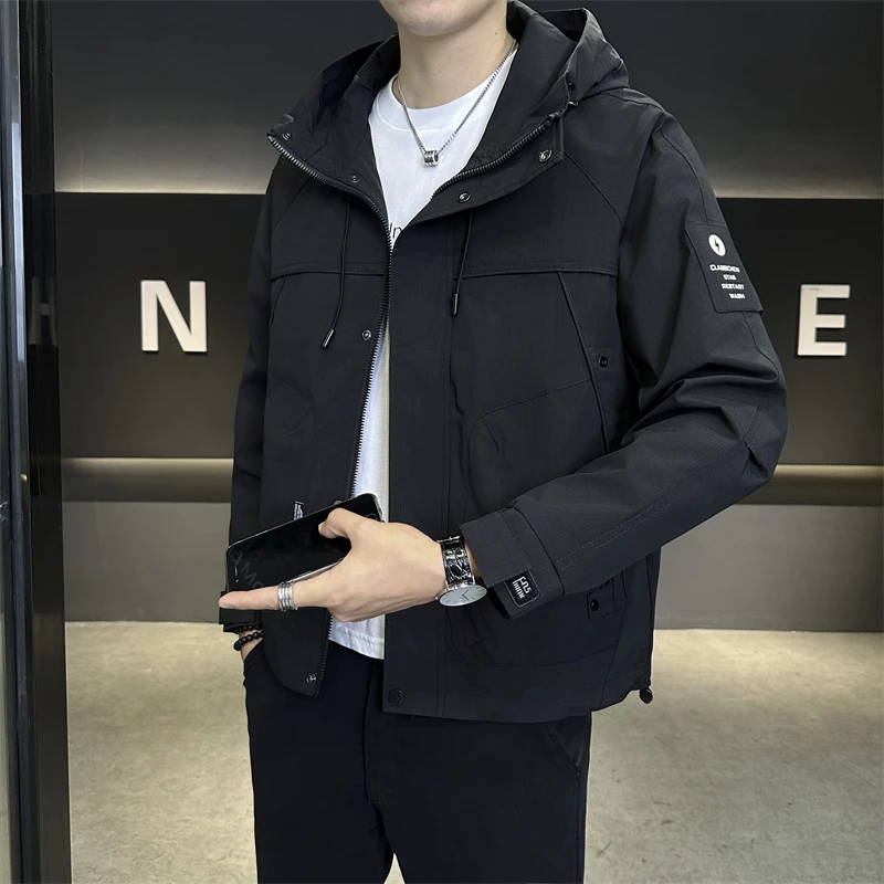 春秋款宽松连帽夹克男士工装外套2025新款潮流冲锋衣男防风上衣服