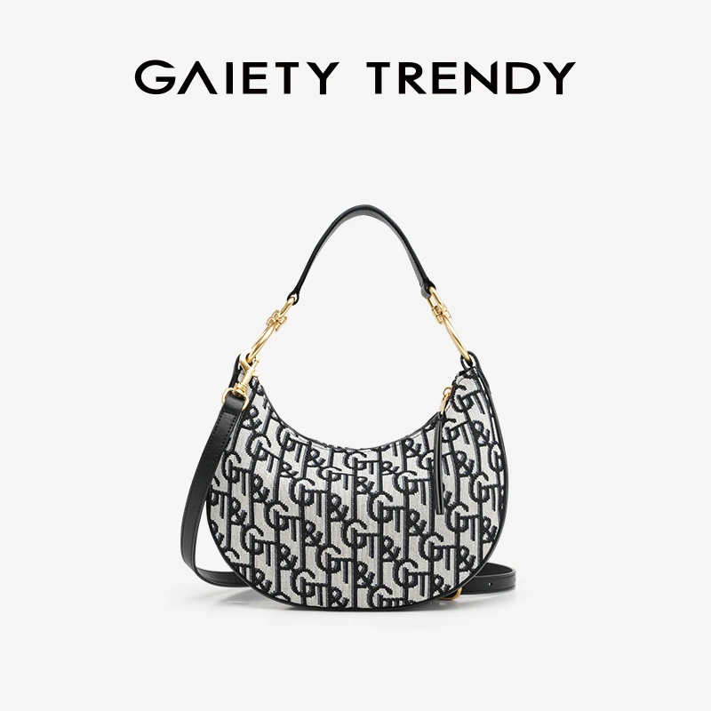 GAIETY&TRENDY·新月包牛皮拼帆布手提包时尚通勤百搭单肩斜挎包女