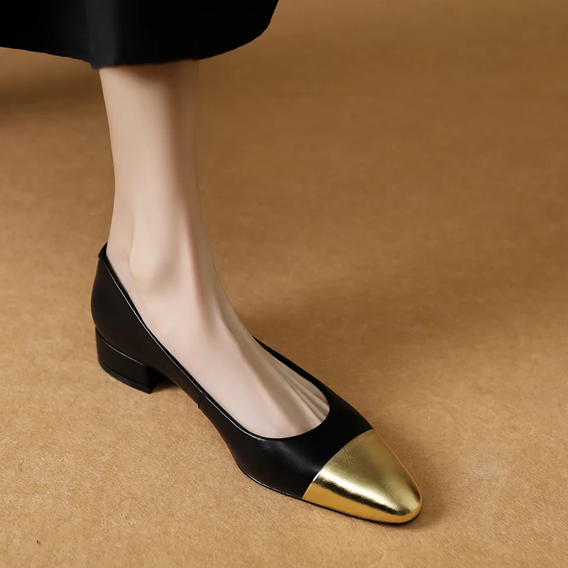 法式小香风黑色低跟单鞋粗跟浅口百搭拼色撞色气质名媛风