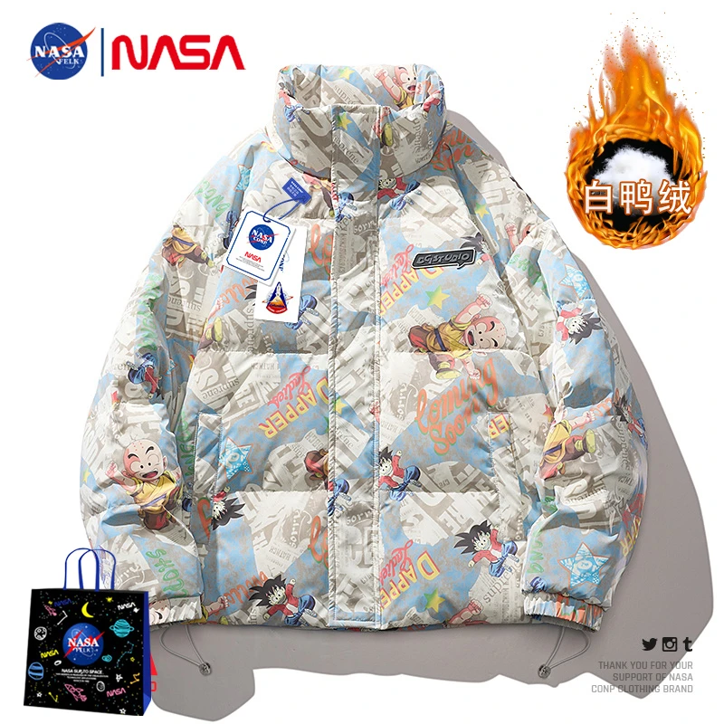 NASA联名男士羽绒服男冬季新款学生动漫涂鸦面包服立领白鸭绒外套