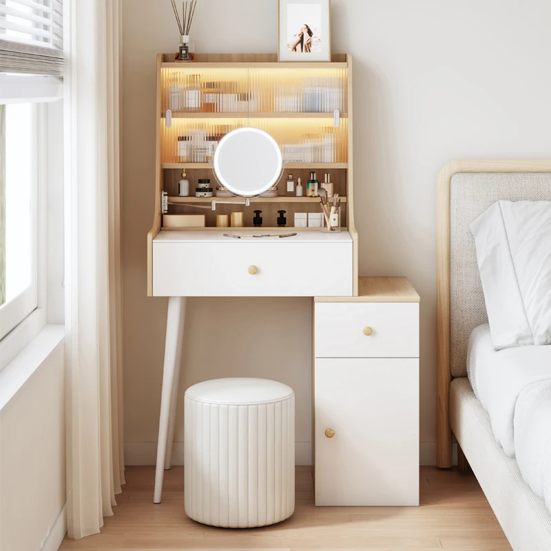 实木梳妆台收纳柜床头柜一体卧室玻璃小化妆台梳妆桌小户型化妆桌