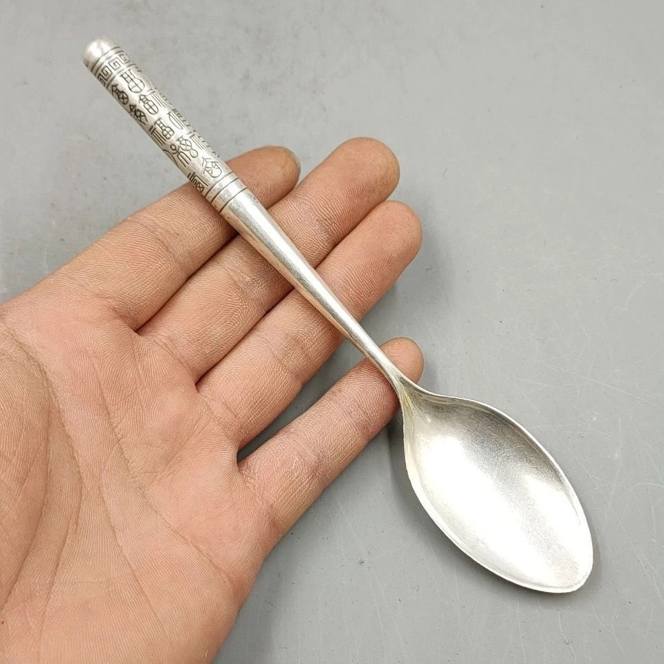 足银银制品 纯手工百福健康镀银汤勺民族风家用中式餐具
