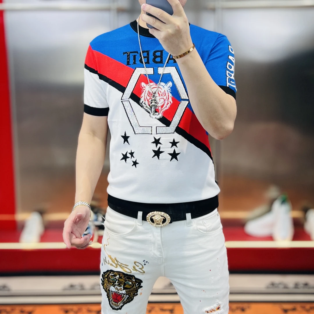 夏季新款烫钻提花老虎头时尚百搭潮流修身显瘦伊力特针织短袖男
