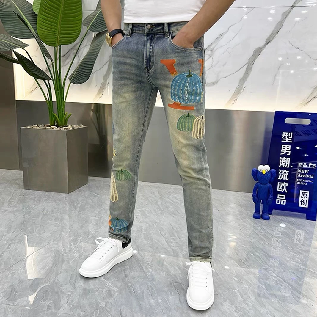 夏季新款提花刺绣南瓜时尚百搭网红痞帅修身显瘦男士牛仔裤潮