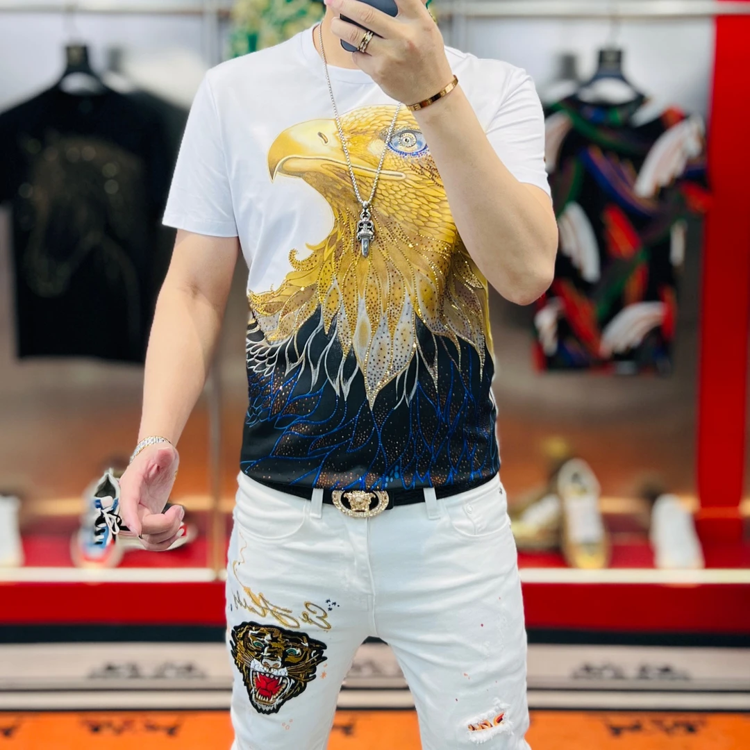 欧货夏季新款高清提花烫钻老鹰头痞帅时尚百搭高定男士短袖T恤潮