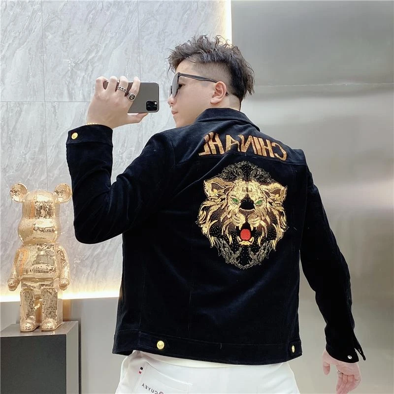 秋冬新款精美刺绣镭射珠片虎头时尚百搭潮流男士翻领加厚夹克外套