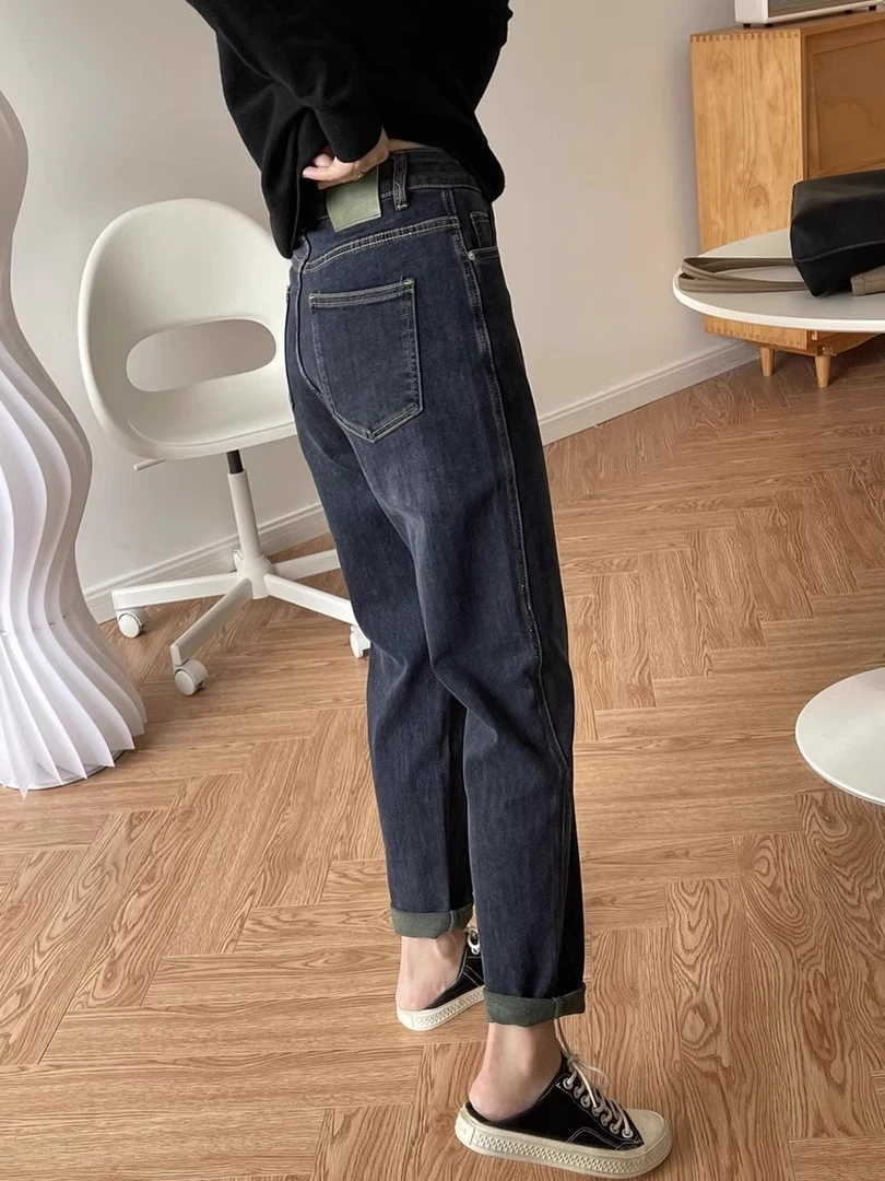 梨形身材撞色哈伦牛仔裤女秋冬加绒大码胖mm显瘦弹力九分老爹裤子