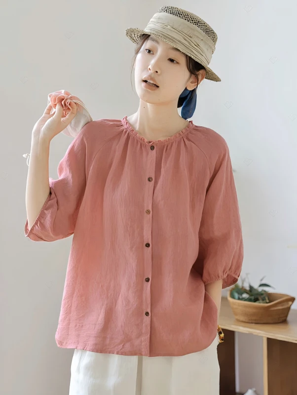 高货水果酵素洗100%汉麻衬衫显瘦时尚休闲夏季设计感气质薄款衬衫