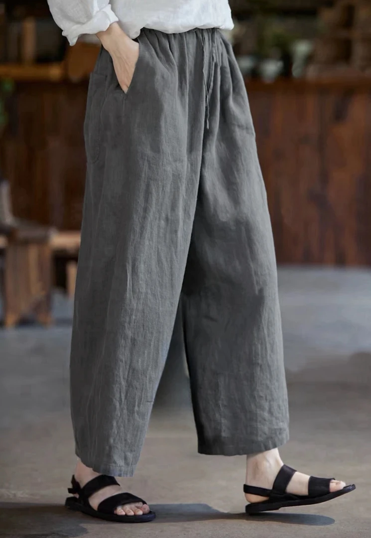 【远山雾】100%汉麻布新品显瘦松紧腰造型感宽松九分裤休闲
