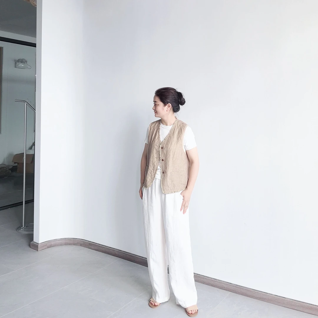 【微瑕】【板栗白茶】植物染色织汉麻马甲休闲文艺毛边24年设计师款重