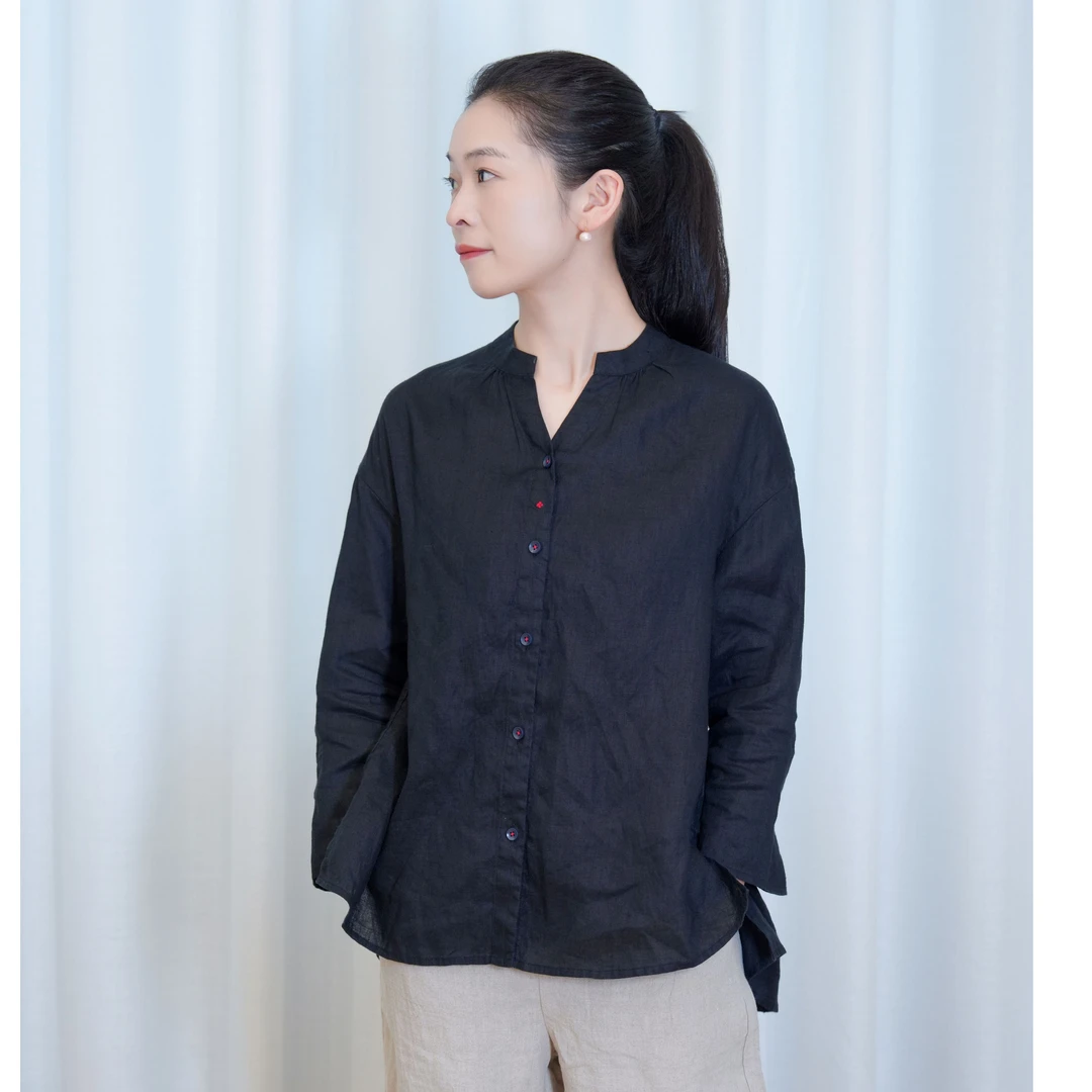 凡丝语100%汉麻【幸运草】立领宽松手绣花衬衫百搭上衣时尚新中式