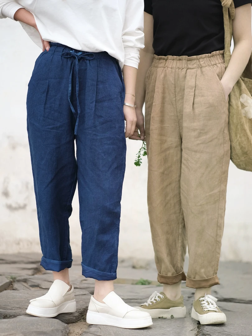 色织汉麻松紧腰萝卜裤休闲复古九分2023130D