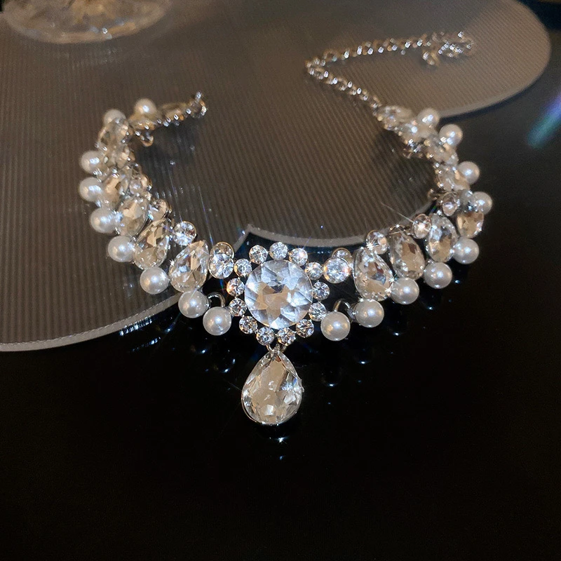 合金仿水晶项链 超闪项链女复古轻奢高级感小众时尚潮锁骨链配饰