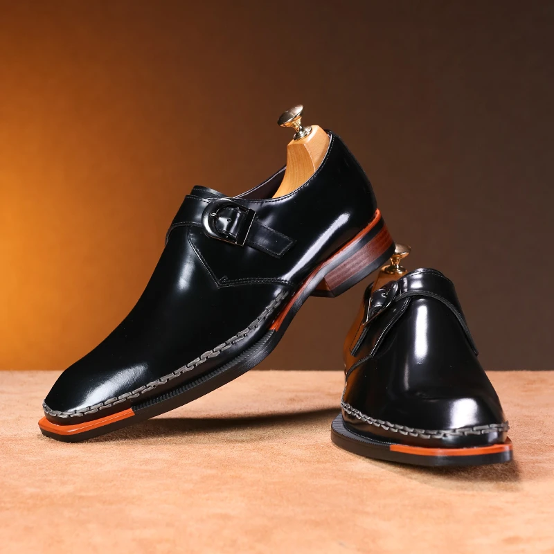 休闲男皮鞋百搭透气真皮英伦风商务孟克鞋搭扣正装手工皮鞋黑色