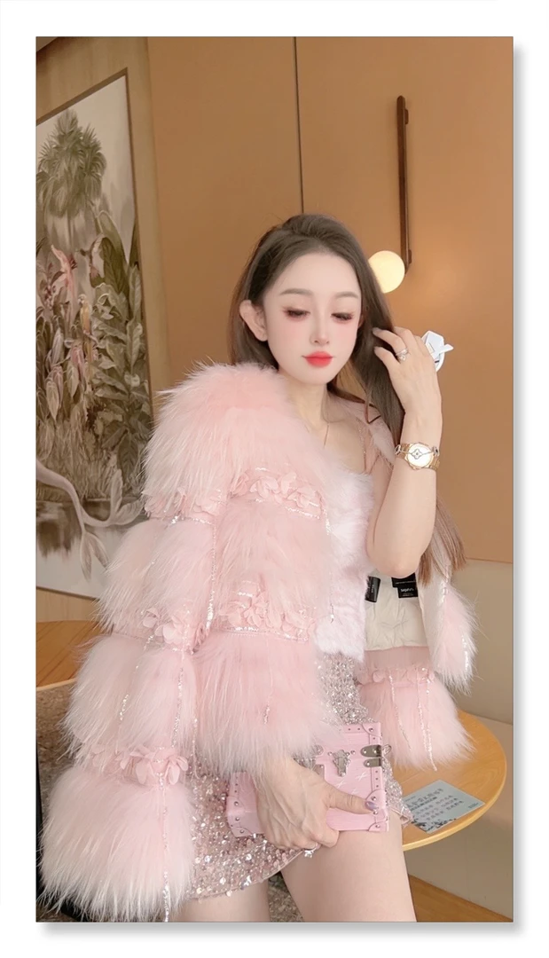 D-HGDF5031-1【甜蜜恋人】冬季轻奢显瘦貉子毛密车皮草女装外套短款