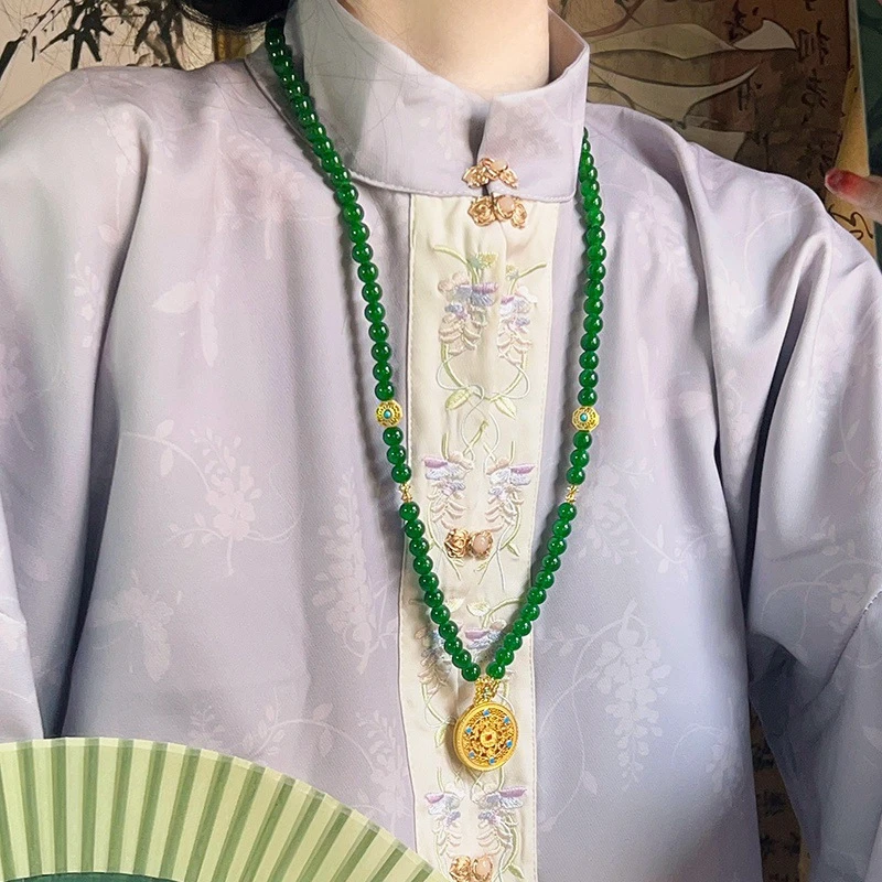 铜合金玻璃项链 绿珠串珠金色项链新中式国风复古小众毛衣链配饰