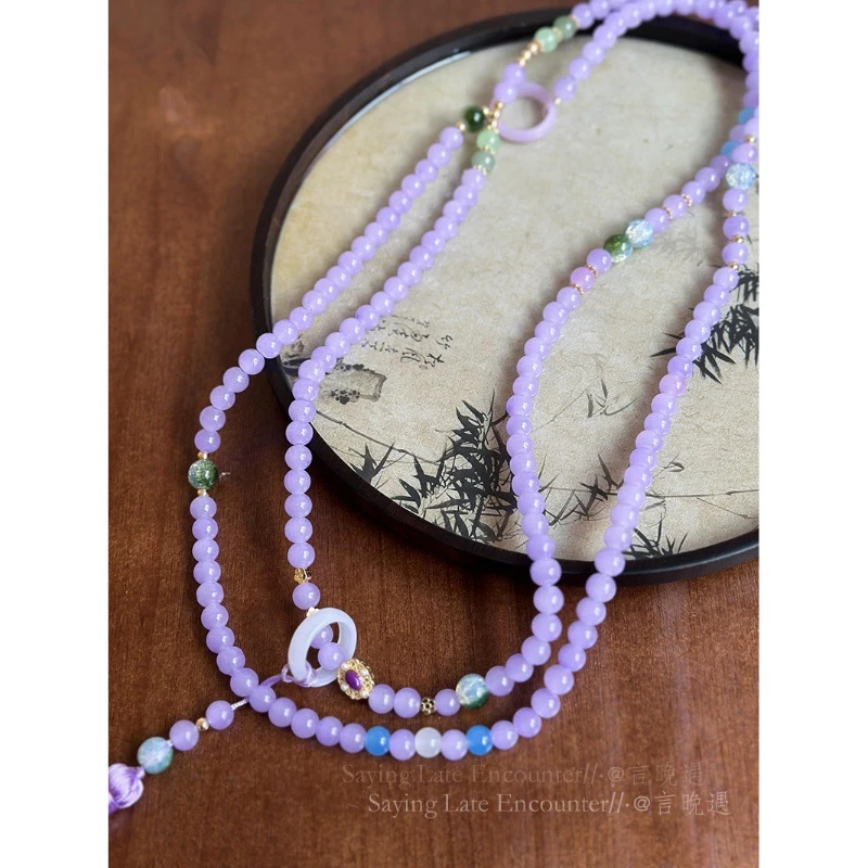 2024新款紫色串珠斜挎链新中式小众高级感项链国风复古马面裙配饰