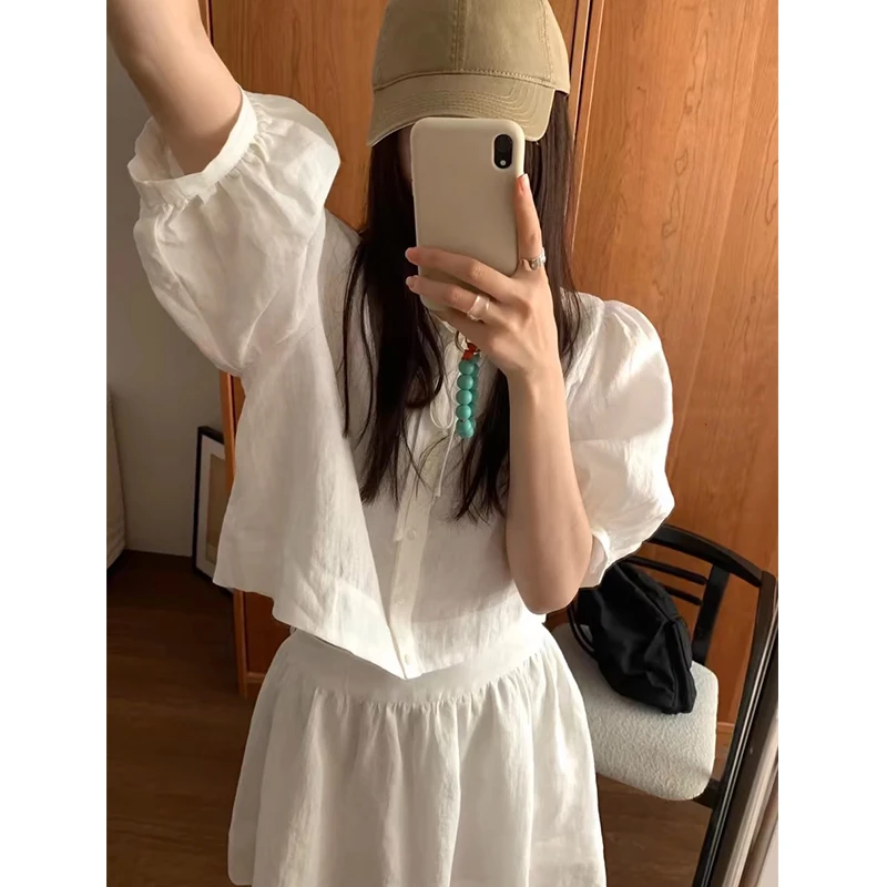 2025夏韩货~东大门泡泡袖韩系少女感亚麻上衣 松紧腰短裙套装