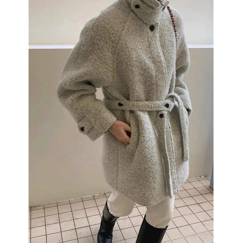 韩国东大门Lon*donfalt 高级感立领系带圈圈毛毛呢大衣中长款外套