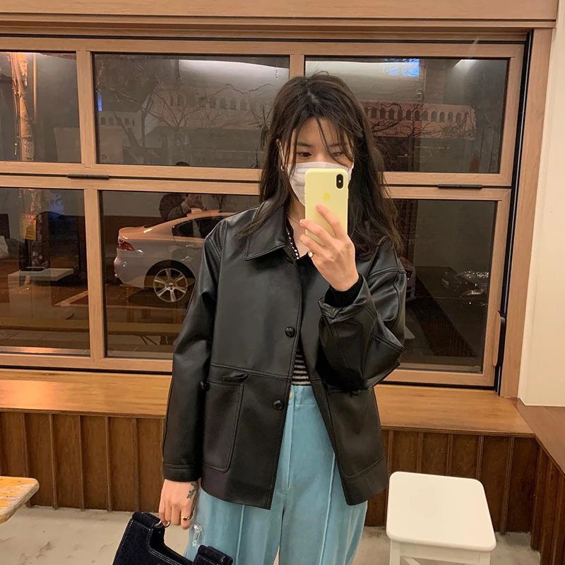 现货入仓 2026春韩国东大门MM休闲宽松皮衣女 气质复古皮夹克外套