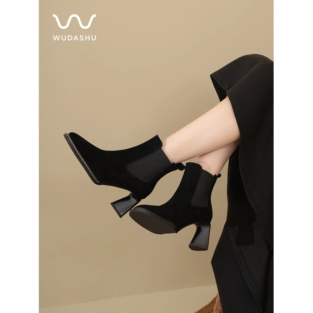 吴大叔秋冬新款方头粗跟短靴女高跟时尚百搭黑色显瘦靴子10-597