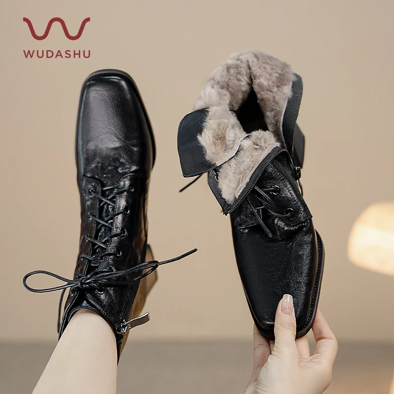 吴大叔秋冬新款方头真皮短靴女粗跟前系带侧拉链高跟靴子53-129