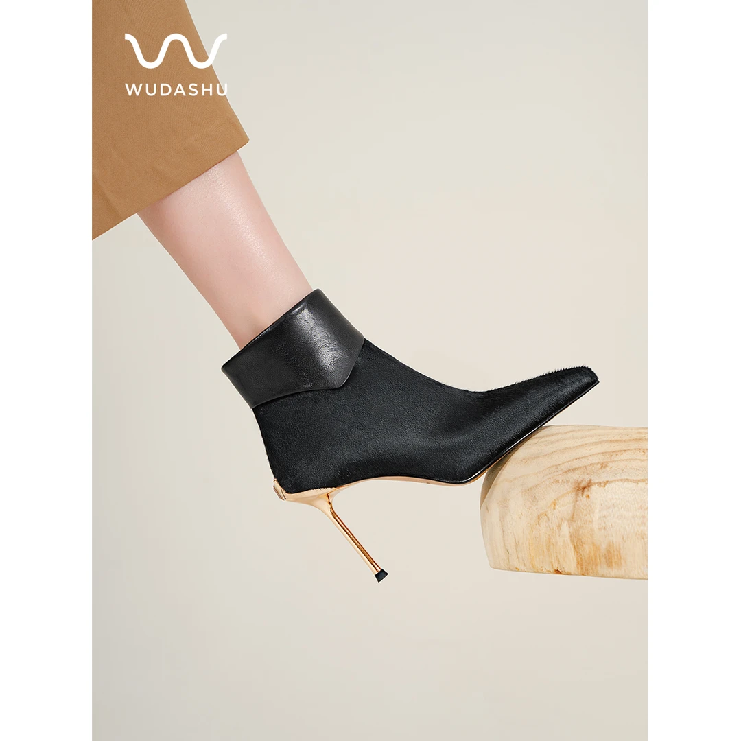 吴大叔2024秋冬新款尖头短靴女细跟侧拉链轻奢时尚百搭靴子13-569